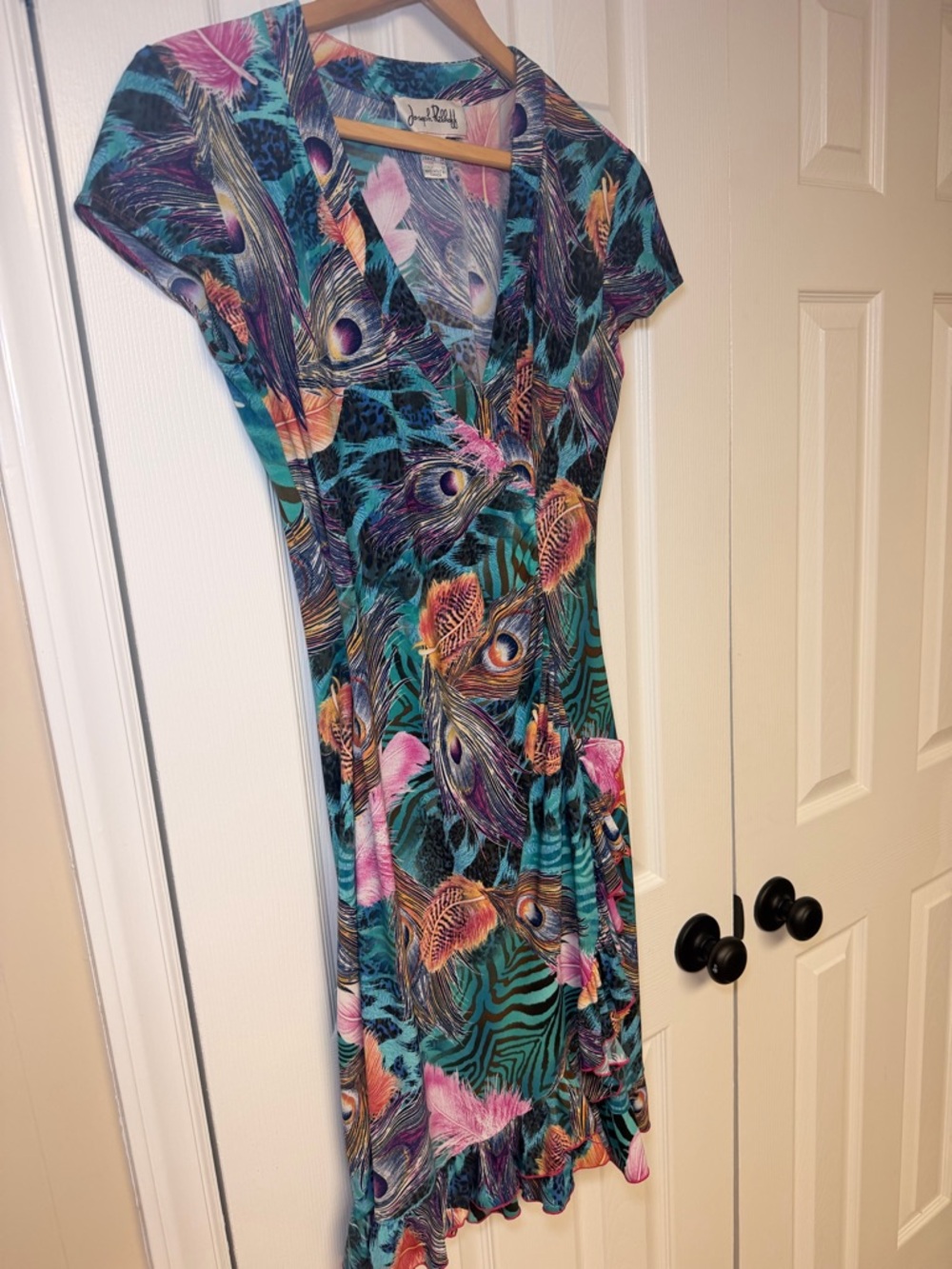 Joseph Ribkoff Faux Wrap Dress Peacock Print Ruffle Hem‎ Stretch Midi Colorful - Picture 11 of 15